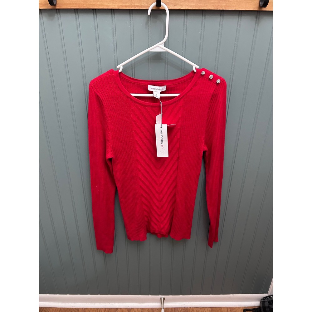 Liz‎ Claiborne Red Ribbed Knit Sweater Sparkle Button Detail Long Sleeve Women M